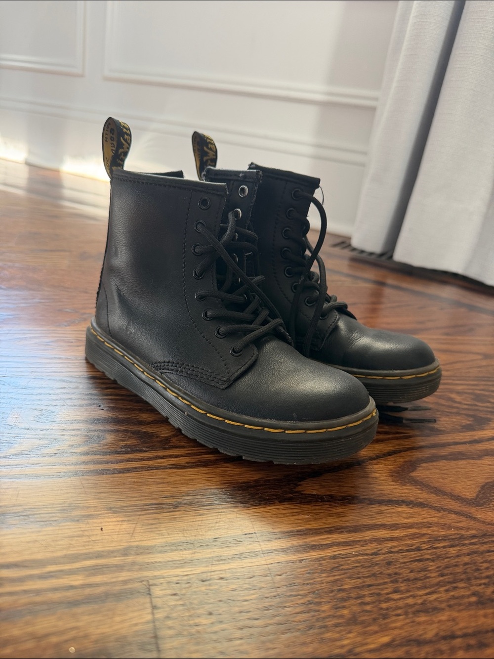 Dr. Martens Black Leather 8-Eye Lace-Up Boots with Yellow Stitching Girls US 13
